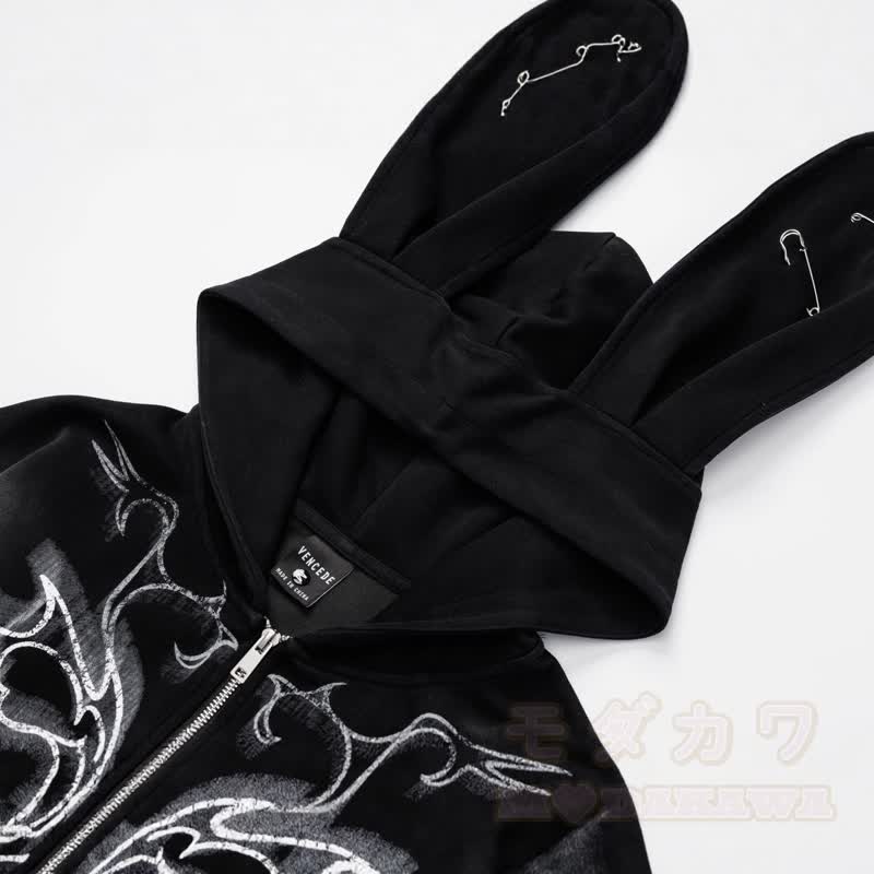 Y2K Sweet Cool Bunny Ear Lined Zip Up Hoodie Sweatshirt - image 3