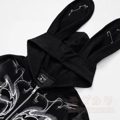 Y2K Sweet Cool Bunny Ear Lined Zip Up Hoodie Sweatshirt - image 3
