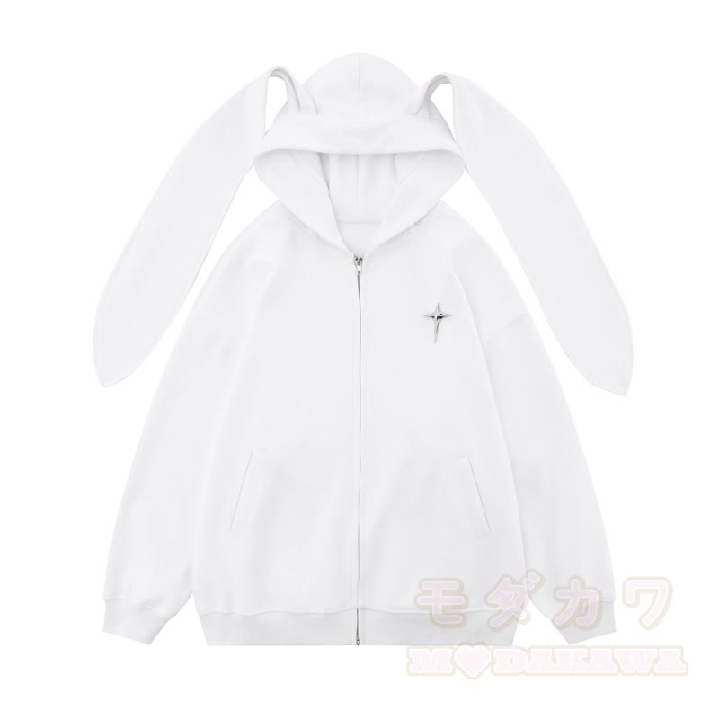 Kawaii Fashion Sternen-Hasenohren-Kapuzenpullover mit Reißverschluss - Weiß - XL - image 4
