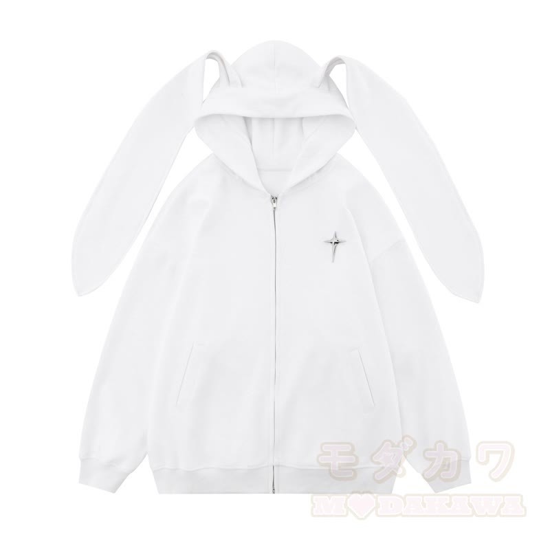 Kawaii Fashion Sternen-Hasenohren-Kapuzenpullover mit Reißverschluss - Weiß - XL - image 4