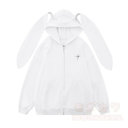 Kawaii Fashion Sternen-Hasenohren-Kapuzenpullover mit Reißverschluss - Weiß - XL - image 4