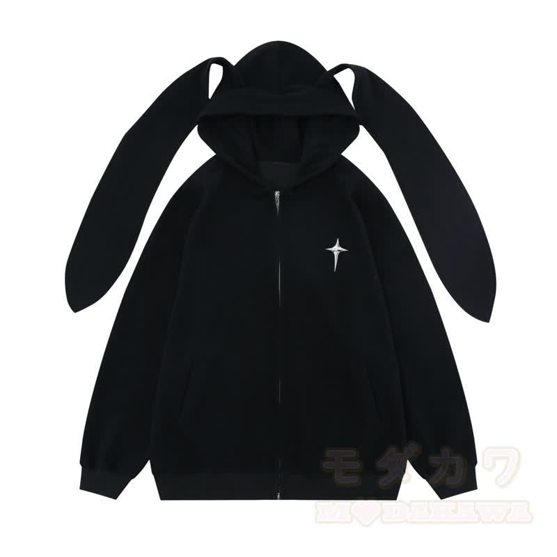 Kawaii Fashion Sternen-Hasenohren-Kapuzenpullover mit Reißverschluss - Schwarz - XL - image 2