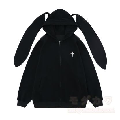 Kawaii Fashion Sternen-Hasenohren-Kapuzenpullover mit Reißverschluss - Schwarz - XL - image 2