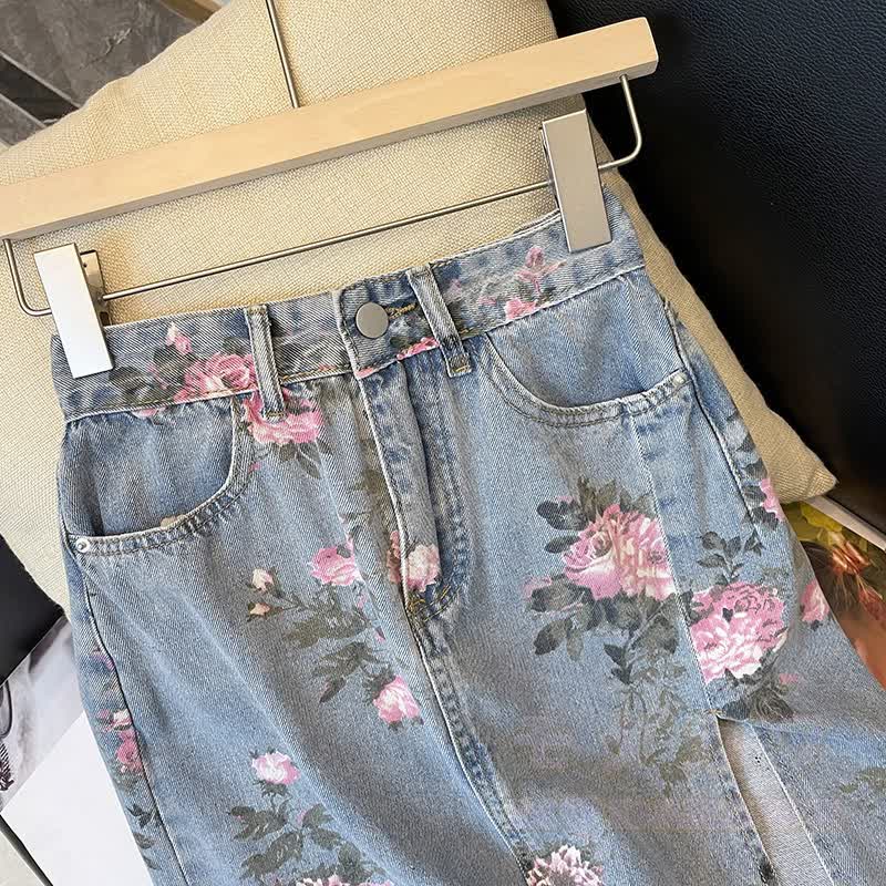 Dreiteiliges Set aus gehäkeltem Schal mit Farbverlauf und Jeansrock mit Blumenmuster - image 7