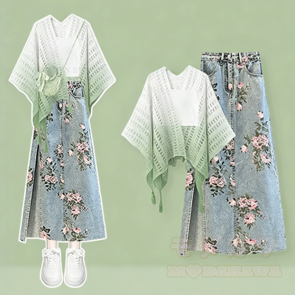 Dreiteiliges Set aus gehäkeltem Schal mit Farbverlauf und Jeansrock mit Blumenmuster - Grün - 3XL - image 4