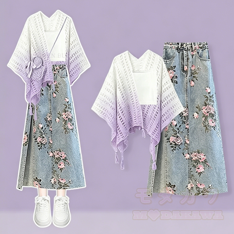 Dreiteiliges Set aus gehäkeltem Schal mit Farbverlauf und Jeansrock mit Blumenmuster - Lila - 3XL - image 3