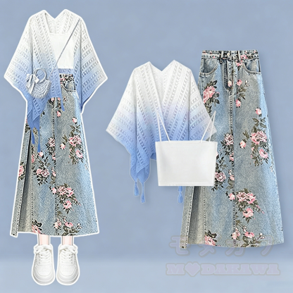 Dreiteiliges Set aus gehäkeltem Schal mit Farbverlauf und Jeansrock mit Blumenmuster - Blau - 3XL - image 2