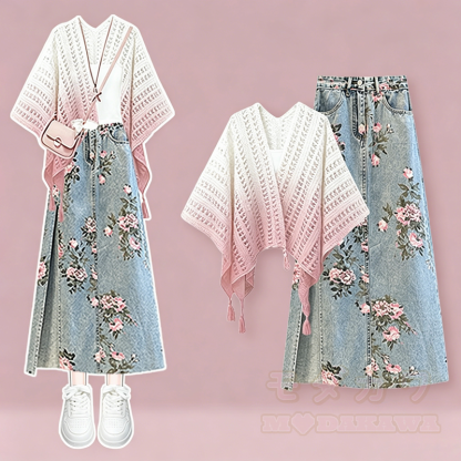 Dreiteiliges Set aus gehäkeltem Schal mit Farbverlauf und Jeansrock mit Blumenmuster - Rosa - 3XL - image 1