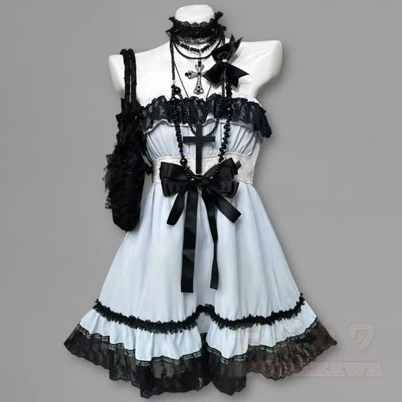 Gothic-Kleid aus schwarzem Spitzenkleid mit blauer Schleife, zweiteilig - Kleid - XL - image 2