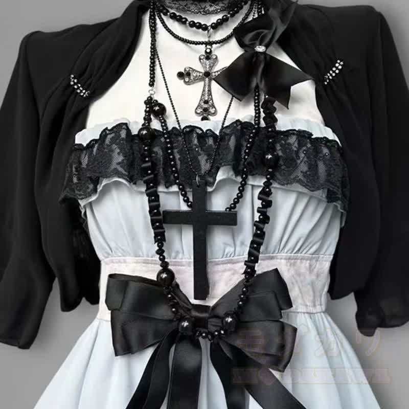 Gothic-Kleid aus schwarzem Spitzenkleid mit blauer Schleife, zweiteilig - image 3