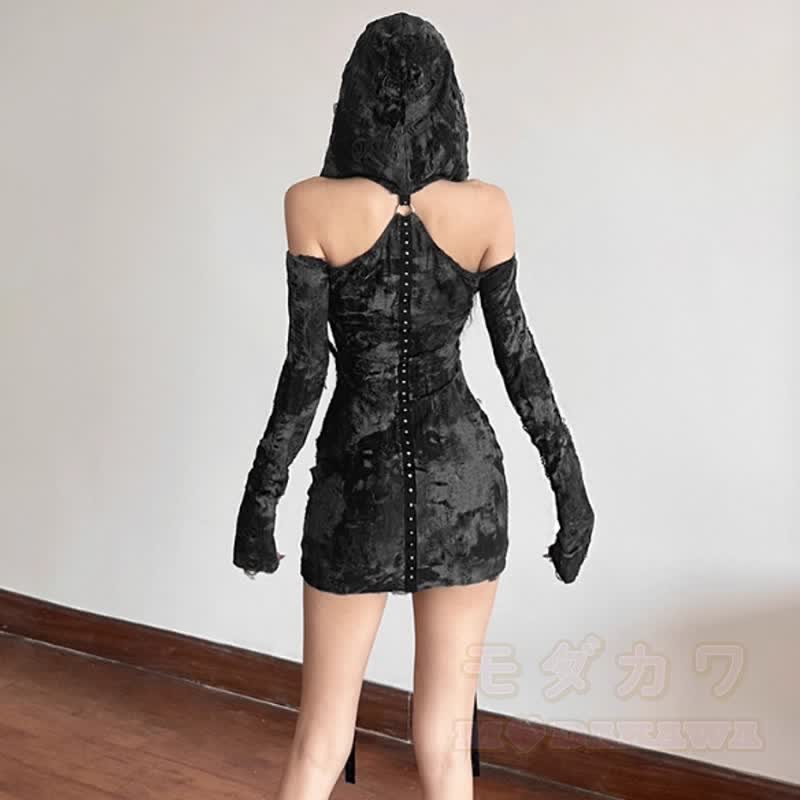 Vintage Wasteland Batik-Kleid mit schulterfreiem Kapuzen-Bodycon-Stil - image 3