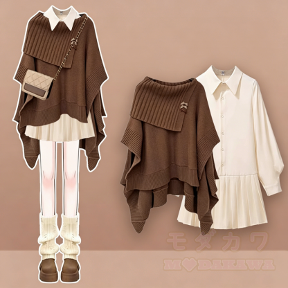 Asymmetrisches, mehrlagiges Strickpullover- und Faltenhemdkleid-Zweiteiler-Set - Braunes Set - 3XL - image 1
