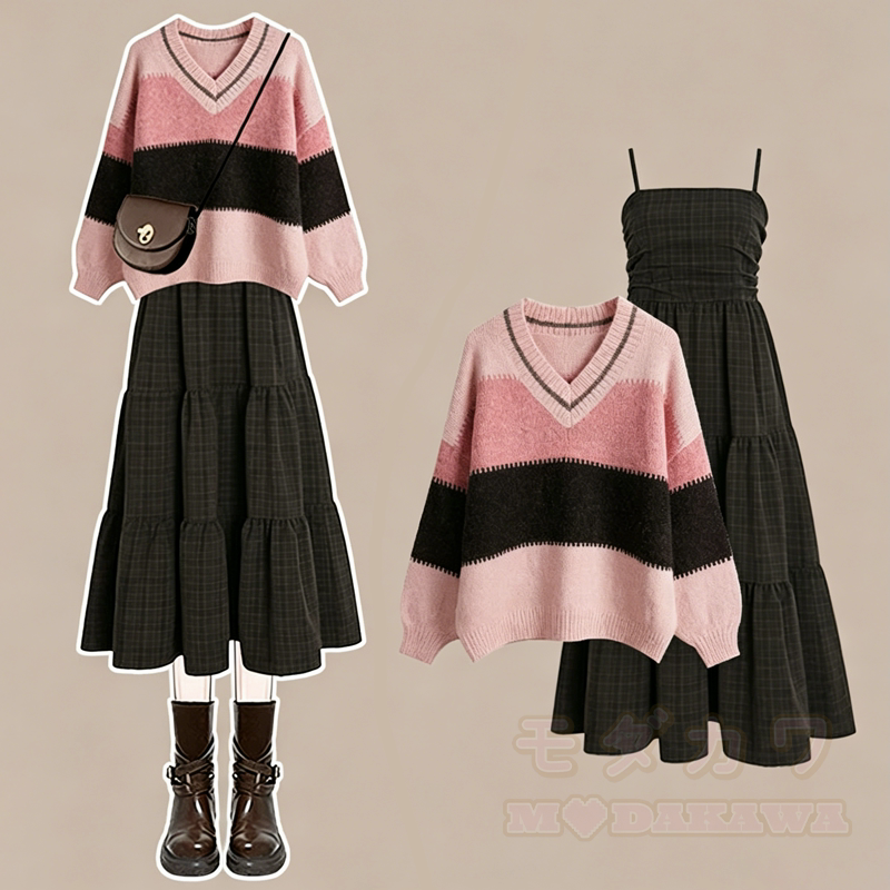 Zweiteiliges Set aus Farben abgesetztem Strickpullover mit V-Ausschnitt und Stufenkleid - Satz - 4XL - image 1