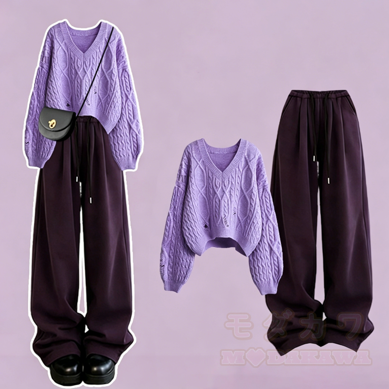 Zweiteiliges Set: Strickoberteil mit Lochmuster und gerade geschnittene Freizeithose - Satz - 3XL - image 1