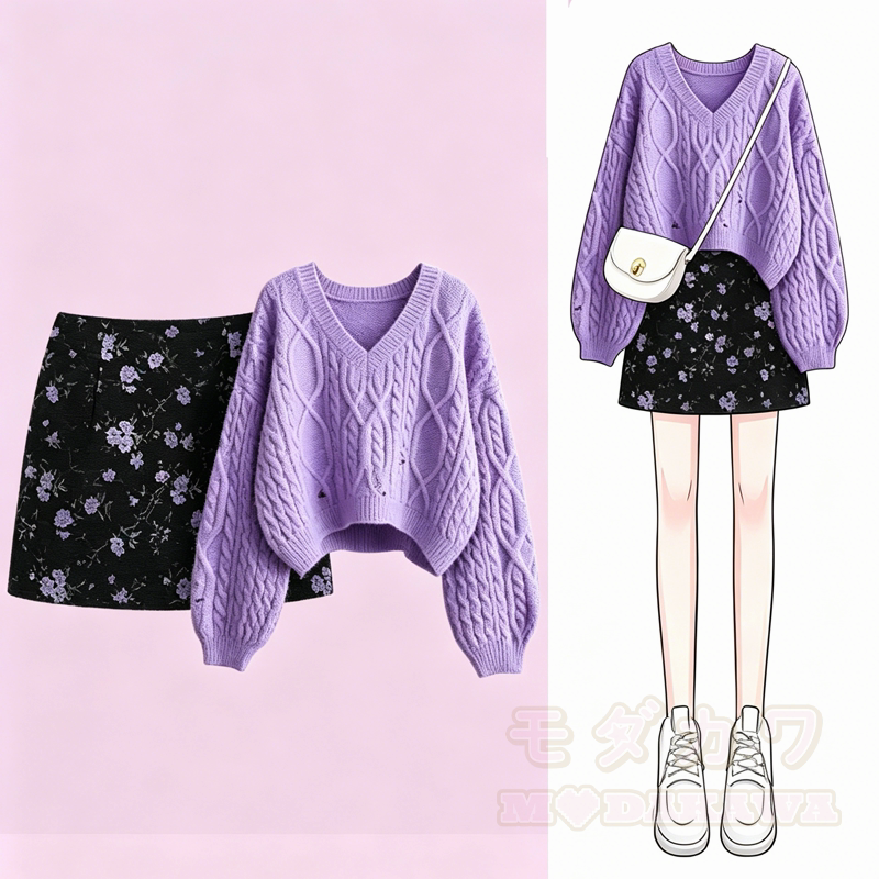 Zweiteiliges Set aus süßem Strickpullover und Rock mit Blumenmuster - Satz - 4XL - image 1