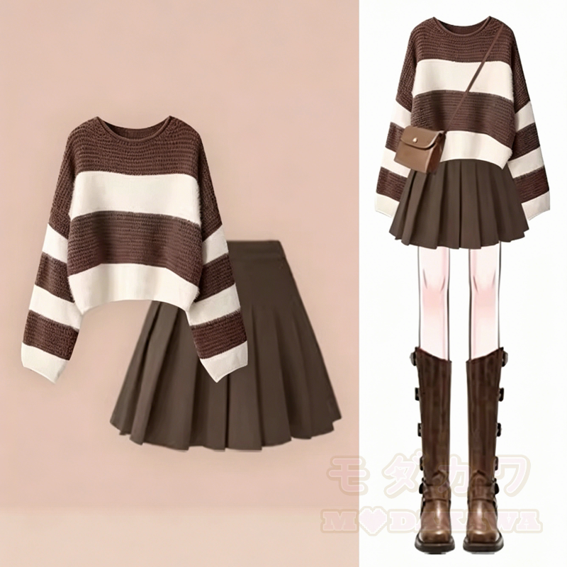 Zweiteiliges Set aus Farben abgesetztem, gestreiftem Strickpullover und Faltenrock - Satz - 3XL - image 1