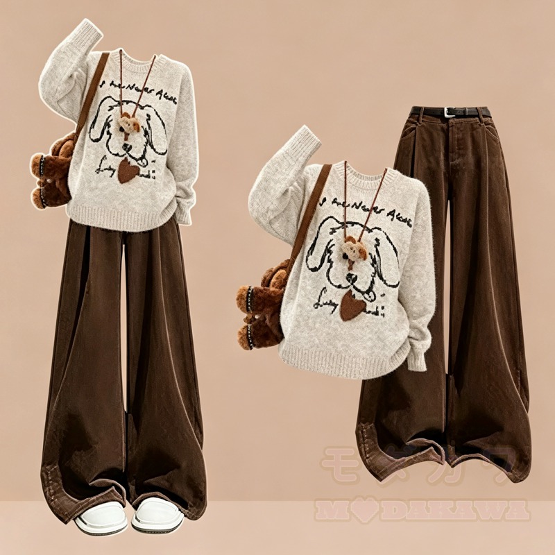Zweiteiliges Set aus süßem, locker gestricktem Pullover mit Hundemotiv und weit geschnittener Freizeithose - Satz - 4XL - image 1