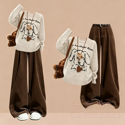 Zweiteiliges Set aus süßem, locker gestricktem Pullover mit Hundemotiv und weit geschnittener Freizeithose - Satz - 4XL - image 1