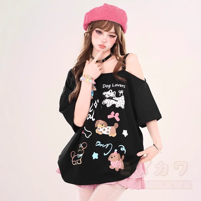 Niedliches One-Shoulder-T-Shirt mit Hundeprint und Rüschenrock - Schwarzes Oberteil - One Size - image 1