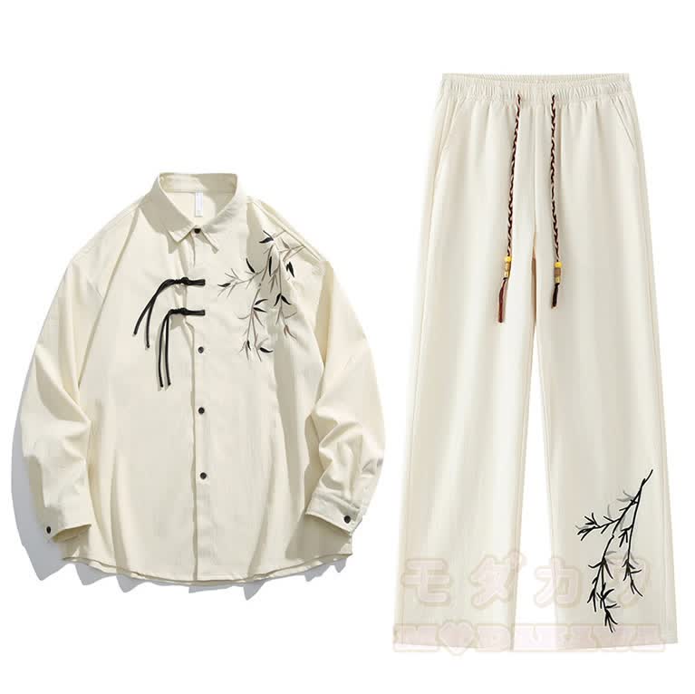 Zweiteiliges Set aus Hemd und Hose im Vintage-Stil mit chinesisch inspiriertem Bambusstickerei-Froschknopfmuster. - Aprikosenhose - 3XL - image 3