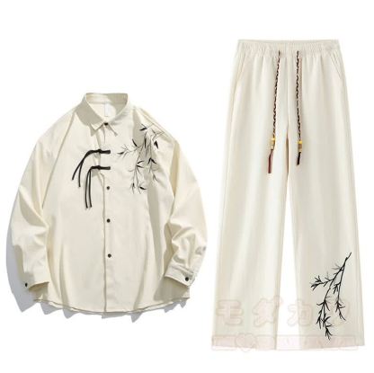 Zweiteiliges Set aus Hemd und Hose im Vintage-Stil mit chinesisch inspiriertem Bambusstickerei-Froschknopfmuster. - Aprikosenhose - 3XL - image 3