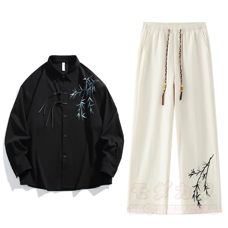 Zweiteiliges Set aus Hemd und Hose im Vintage-Stil mit chinesisch inspiriertem Bambusstickerei-Froschknopfmuster. - Satz B - 3XL - image 2