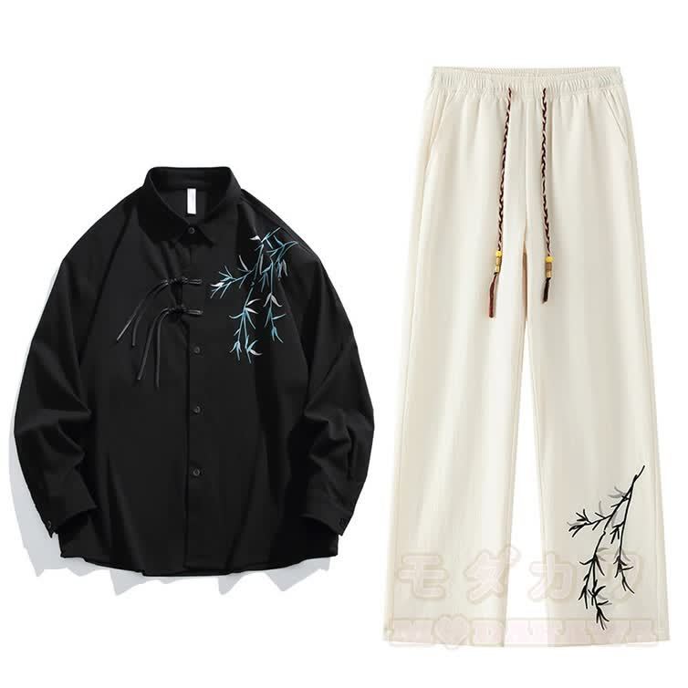 Zweiteiliges Set aus Hemd und Hose im Vintage-Stil mit chinesisch inspiriertem Bambusstickerei-Froschknopfmuster. - Satz B - 3XL - image 2