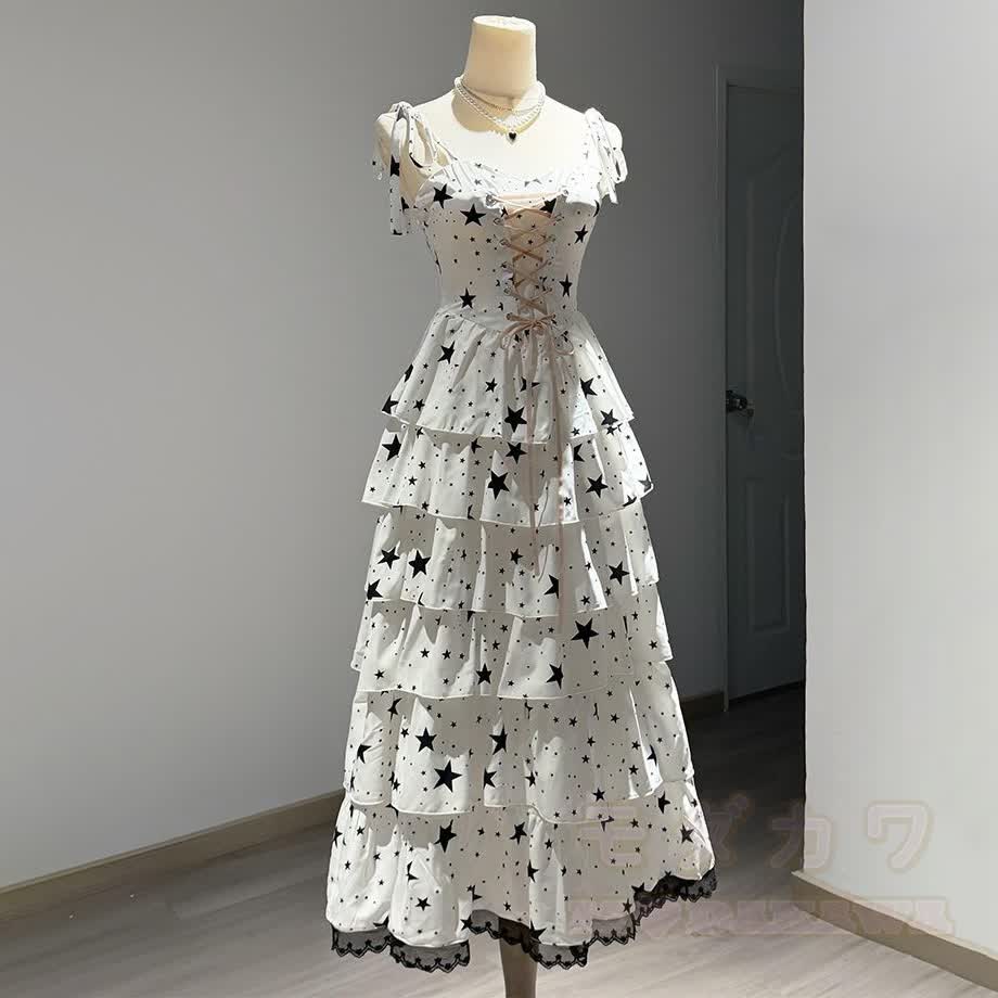 Zweiteiliges Set aus Vintage-Kleid mit Sternenmuster, Schnürung und Cardigan - Langes Kleid - XL - image 8