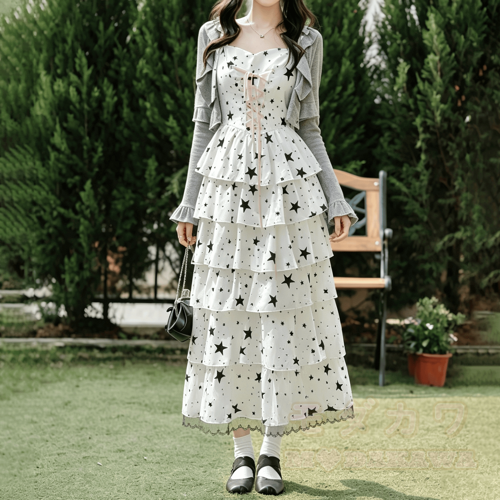 Zweiteiliges Set aus Vintage-Kleid mit Sternenmuster, Schnürung und Cardigan - Langes Kleider-Set - XL - image 2