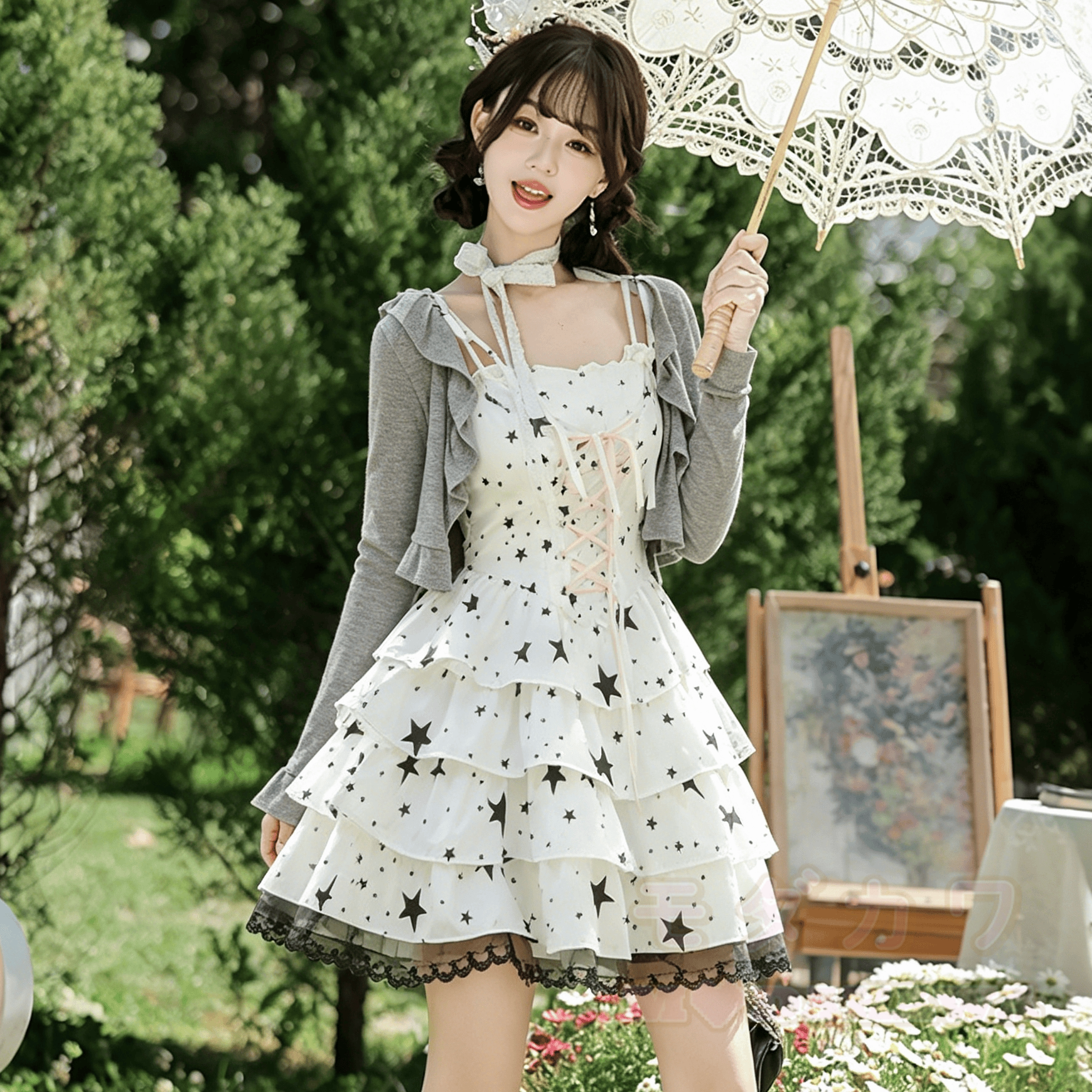 Zweiteiliges Set aus Vintage-Kleid mit Sternenmuster, Schnürung und Cardigan - Kurzes Kleid-Set - XL - image 1