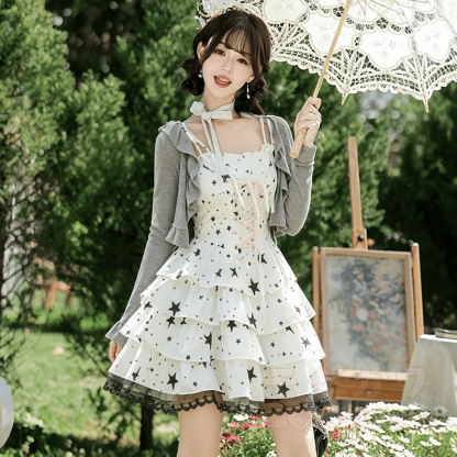 Zweiteiliges Set aus Vintage-Kleid mit Sternenmuster, Schnürung und Cardigan - Kurzes Kleid-Set - XL - image 1