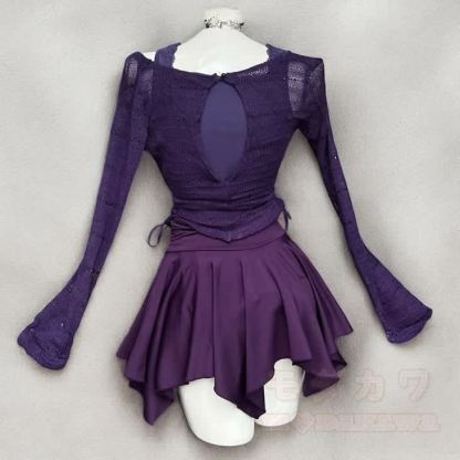 Dreiteiliges Set aus lila Vintage-Cardigan, Spitzentop und Minirock - image 5