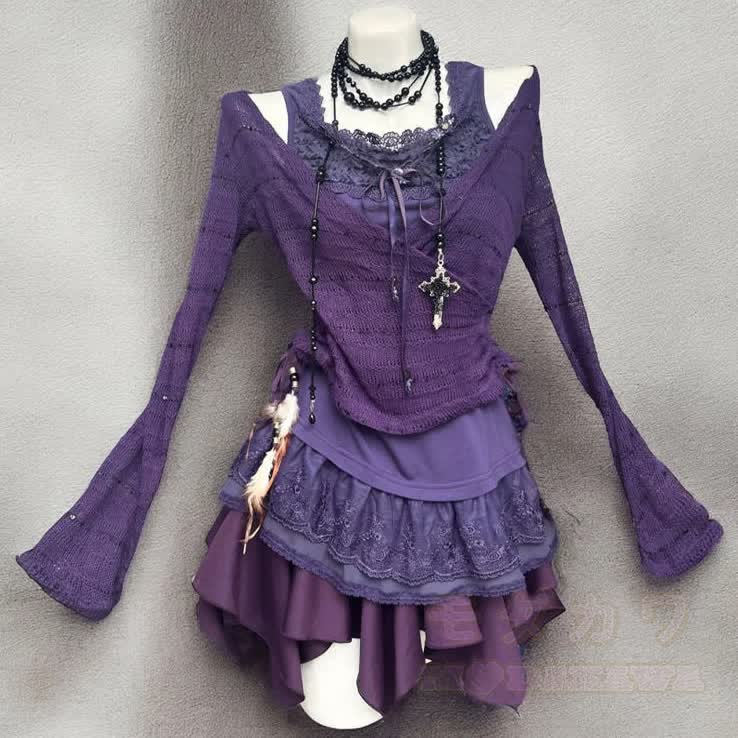 Dreiteiliges Set aus lila Vintage-Cardigan, Spitzentop und Minirock - Strickjacke - XL - image 2