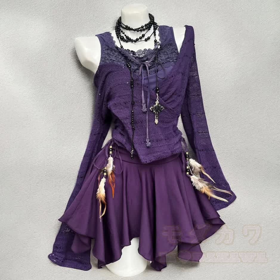 Dreiteiliges Set aus lila Vintage-Cardigan, Spitzentop und Minirock - image 4