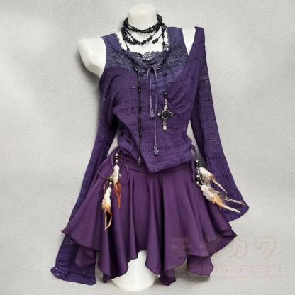 Dreiteiliges Set aus lila Vintage-Cardigan, Spitzentop und Minirock - image 4