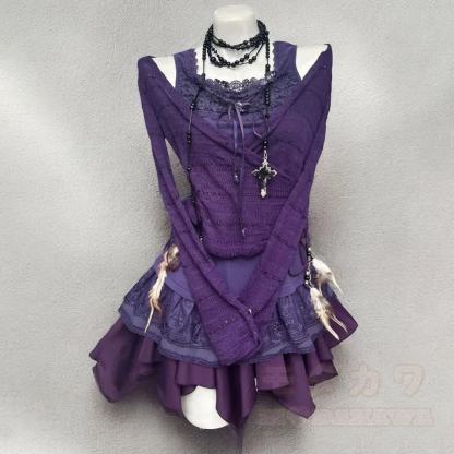 Dreiteiliges Set aus lila Vintage-Cardigan, Spitzentop und Minirock - image 3