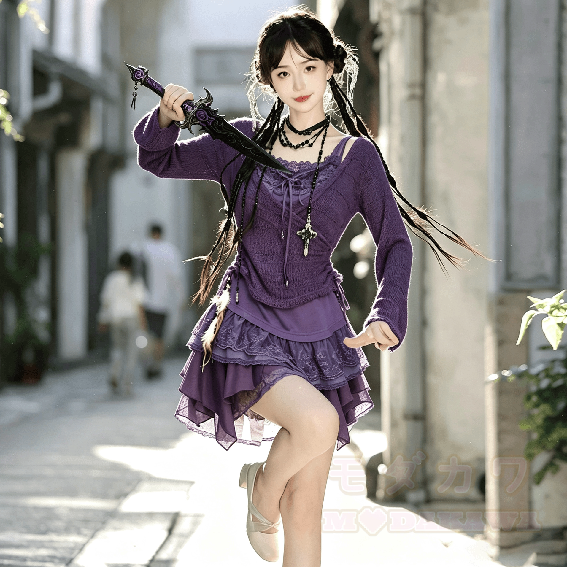 Dreiteiliges Set aus lila Vintage-Cardigan, Spitzentop und Minirock - Satz - XL - image 1