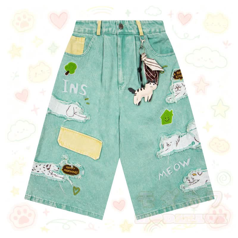 Vintage-Cartoon-Welpen-Patch-bestickte Jeans-Caprihose mit niedlichem Charm-Set - Grün - XL - image 1