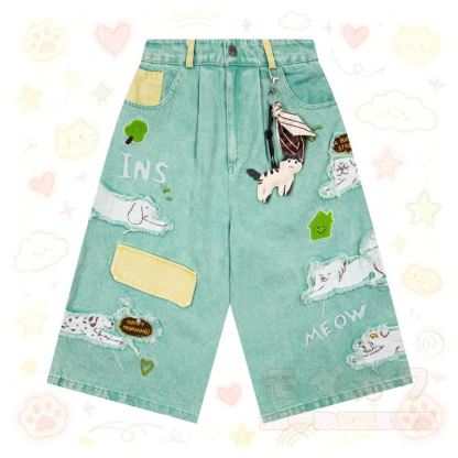 Vintage-Cartoon-Welpen-Patch-bestickte Jeans-Caprihose mit niedlichem Charm-Set - Grün - XL - image 1
