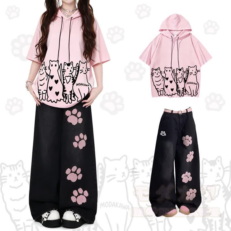 MODAKAWA Kurzarm-Hoodie mit verspieltem Katzenmotiv und passender Jeans - Satz - XL - image 1