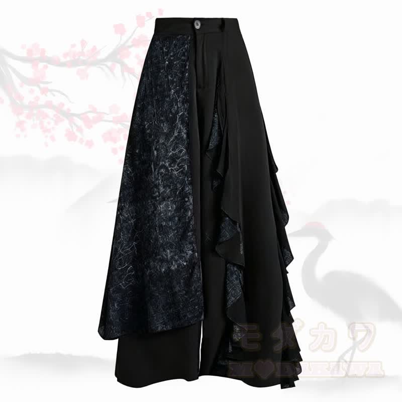 Moderne schwarze Patchwork-Hose mit weitem Bein - image 1