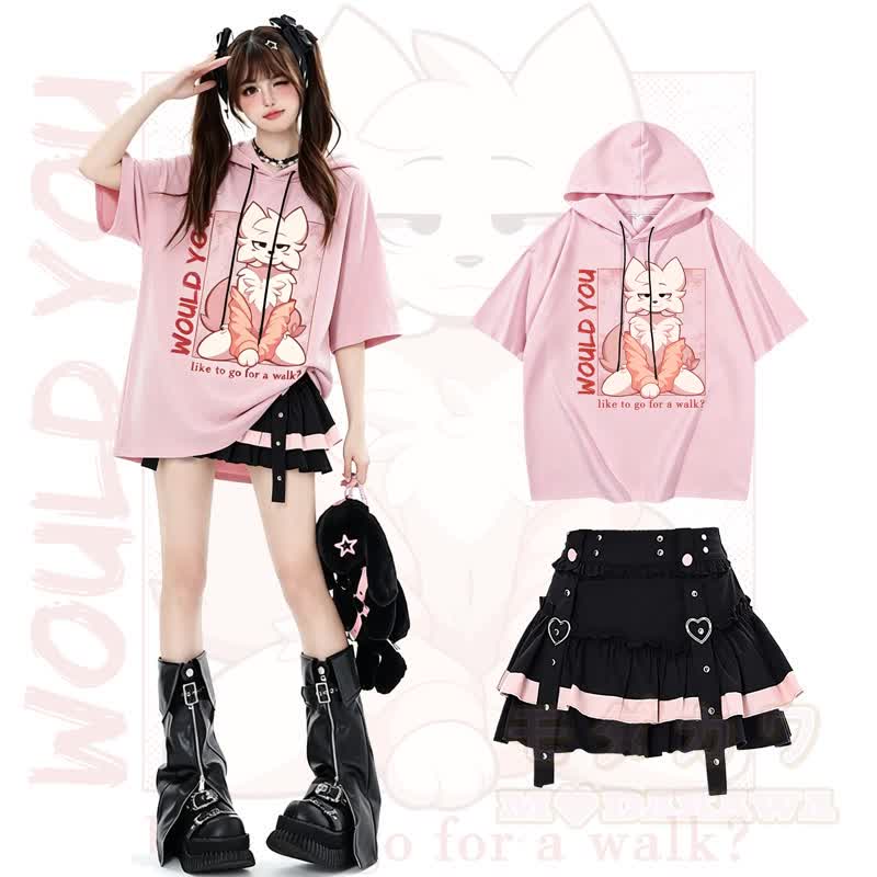 MODAKAWA X zarckets Anime Fox Graphic Kurzarm-Hoodie mit Minirock Zweiteiler-Set - Satz - L - image 1