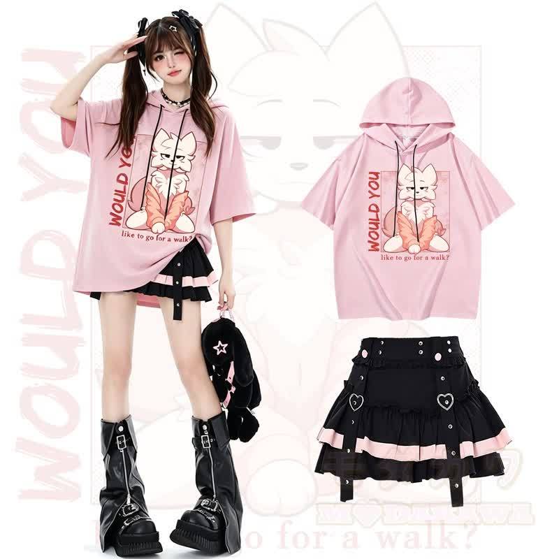 MODAKAWA X zarckets Anime Fox Graphic Kurzarm-Hoodie mit Minirock Zweiteiler-Set - Satz - L - image 1