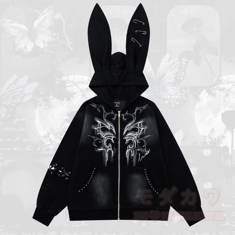 Y2K Sweet Cool Bunny Ear Lined Zip Up Hoodie Sweatshirt - Schwarz - L - image 1