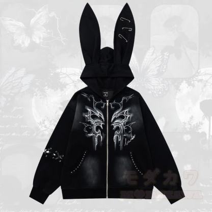 Y2K Sweet Cool Bunny Ear Lined Zip Up Hoodie Sweatshirt - Schwarz - L - image 1