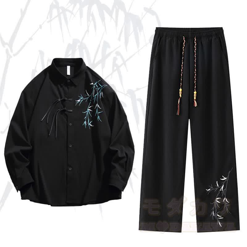 Zweiteiliges Set aus Hemd und Hose im Vintage-Stil mit chinesisch inspiriertem Bambusstickerei-Froschknopfmuster. - Satz A - 3XL - image 1