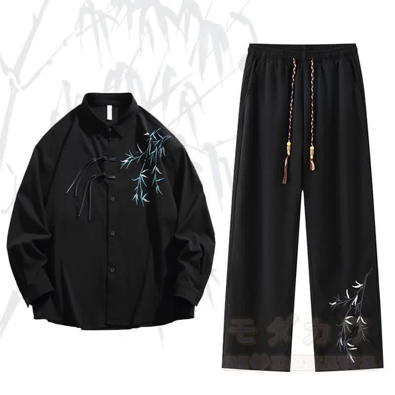Zweiteiliges Set aus Hemd und Hose im Vintage-Stil mit chinesisch inspiriertem Bambusstickerei-Froschknopfmuster. - Satz A - 3XL - image 1