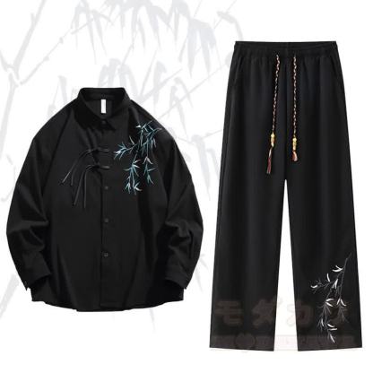 Zweiteiliges Set aus Hemd und Hose im Vintage-Stil mit chinesisch inspiriertem Bambusstickerei-Froschknopfmuster. - Satz A - 3XL - image 1