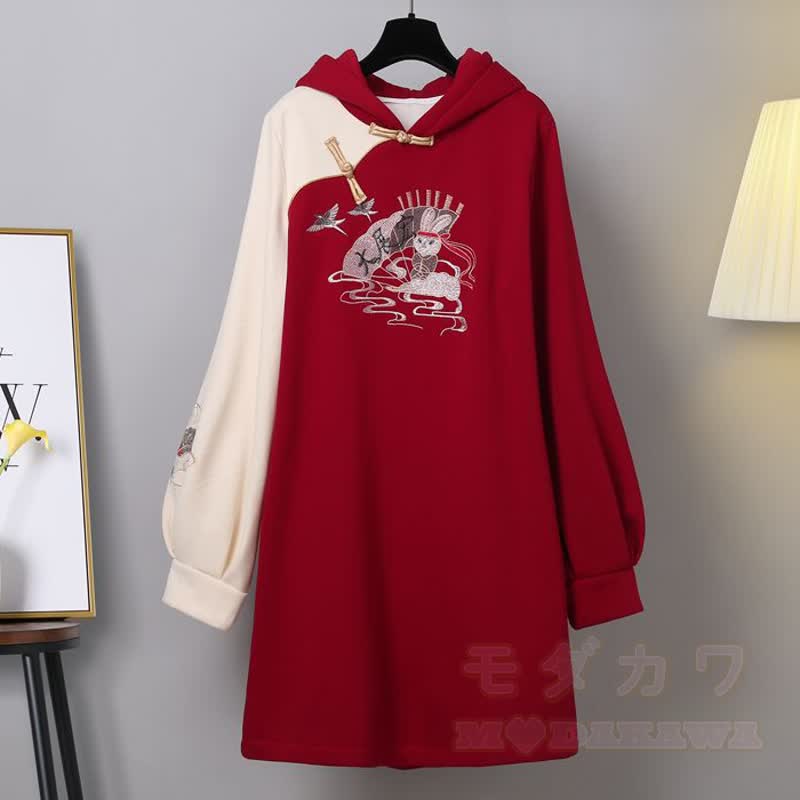 Kapuzenpulloverkleid im chinesischen Stil mit Hasen- und Kranichmuster - image 2