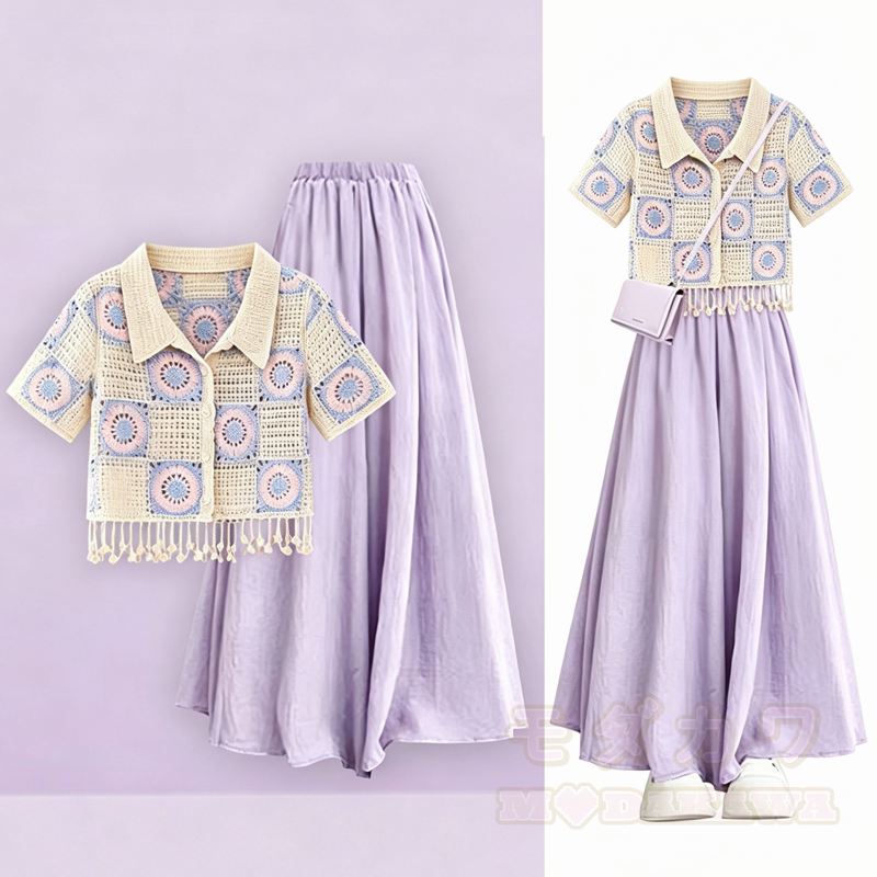 Zweiteiliges Set aus gehäkeltem Kurzarmhemd mit Quasten und Farben Rock - Satz - 4XL - image 1